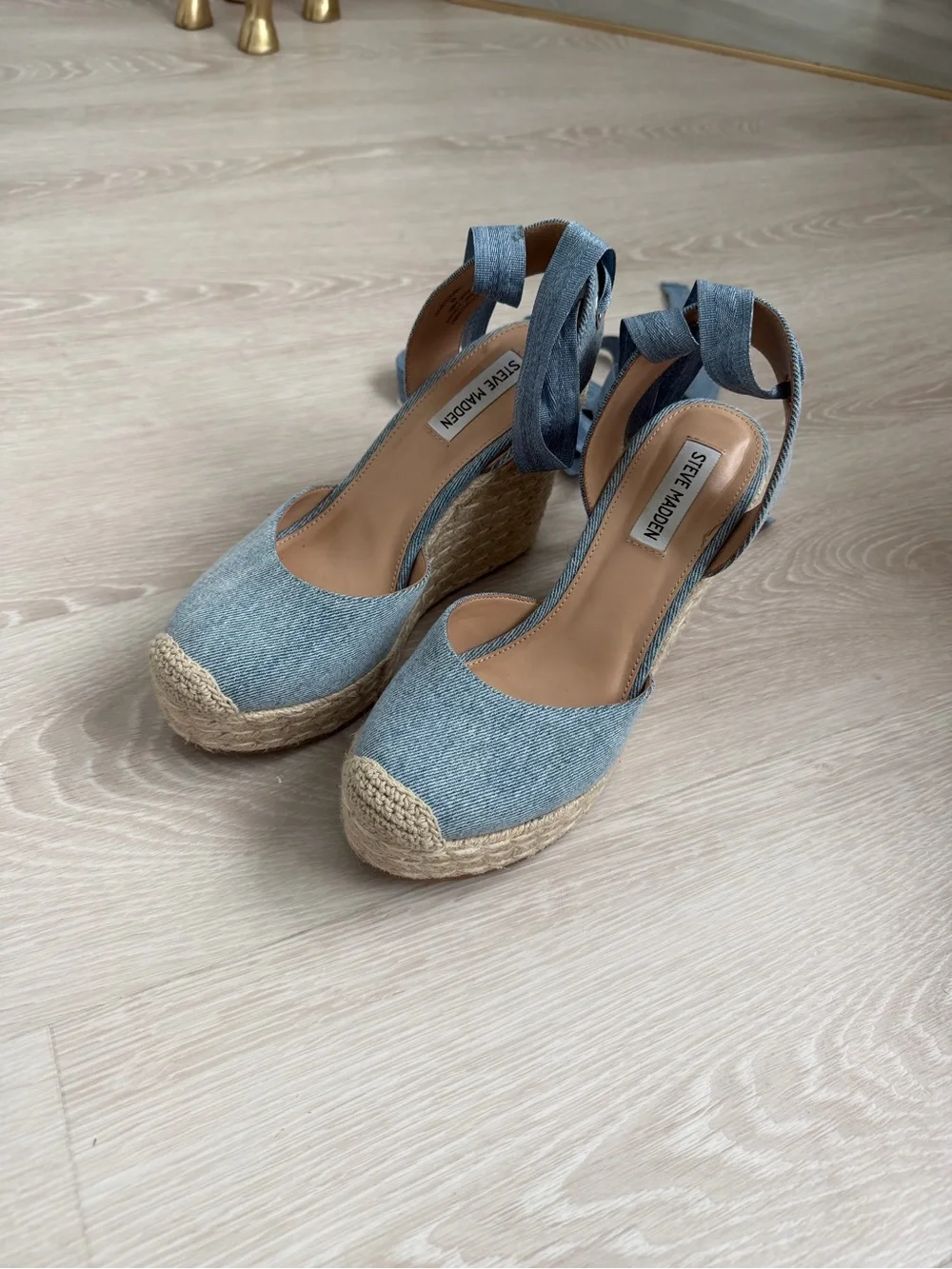 Steve Madden Light Blue Denim Espadrille Wedge Sandals with Ankle Ties